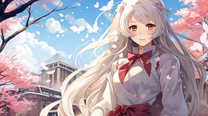Ein japanisches Anime Highschool-Mädchen mit langen weißen Haaren und blauen Augen, mit blühenden Kirschblüten im Frühling