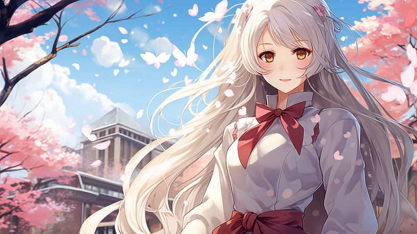 Une lycéenne japonaise de l'anime avec de longs cheveux blancs et des yeux bleus, avec des fleurs de cerisier en floraison au printemps. par Animaflora PicsStock