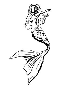 Black and white drawing of a mermaid by Emiel de Lange