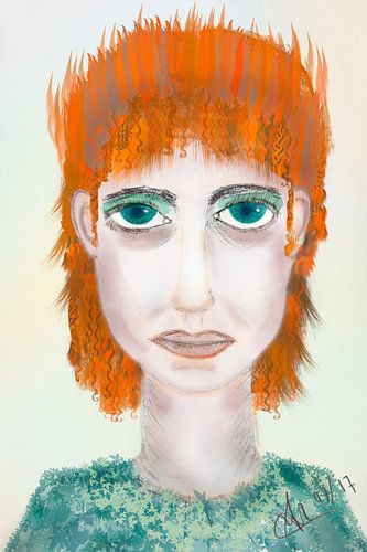 Drawing caricature portrait girl in orange and green