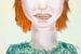 Tekening karikatuur portret van meisje in oranje en groen van Marianne van der Zee