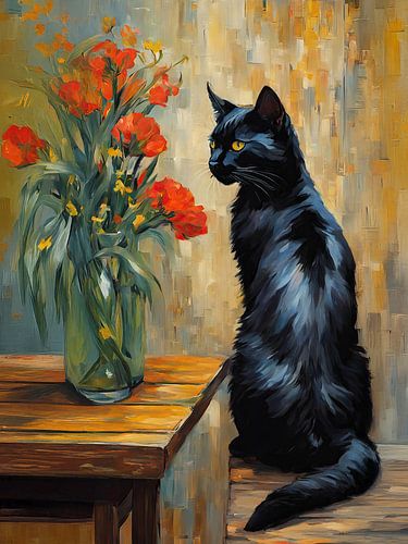 Black cat in profile with red flowers