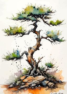 Alter Bonsaibaum Aquarell - Meditative Natur Kunst