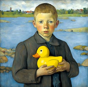 Junge mit gelber Gummi-Ente von Gert-Jan Siesling