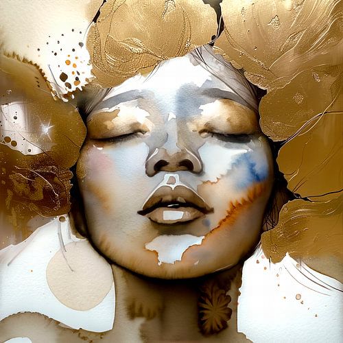 frauenporträt in gold und aquarell aquarell von Joyce de Jong