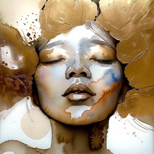 portrait de femme en or et aquarelle aquarelle par Joyce de Jong