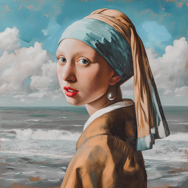 Johannes Vermeer Girl with a pearl earring by the sea by Vlindertuin-Art