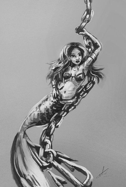 Meerjungfrau-Poster. Zähe Meerjungfrau, die an einer Kette mit einem Anker hängt. Artwork in Schwarz von Emiel de Lange