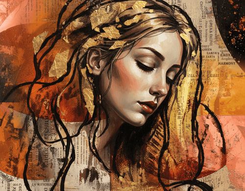 Mixed media portret vrouw - expressief kunstwerk met roze rood oranje en goud