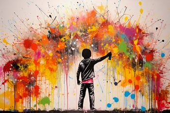 Regenboog kunst en streetart energie, Kleurrijk graffiti schilderij kind