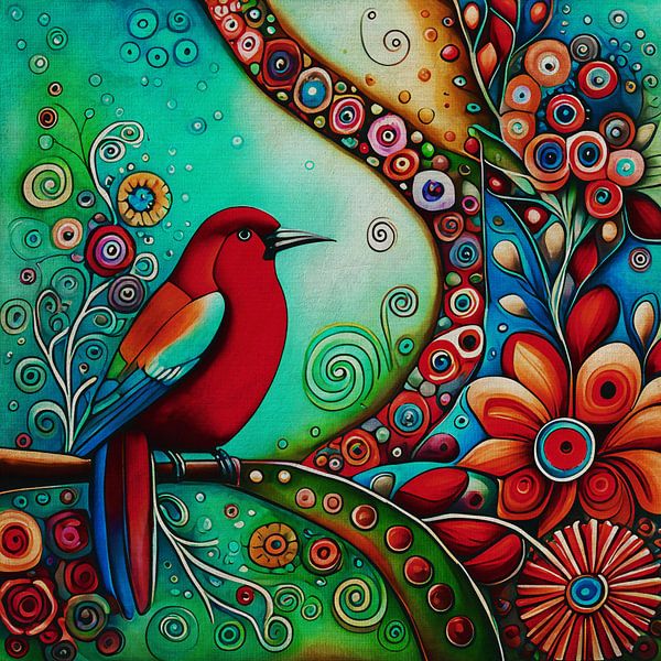 Small red bird with blue wings by Jan Keteleer (JanKé): A Journey Beyond the Canvas