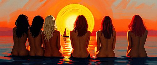 Zes vrouwen in harmonie met de zonsondergang - uitzicht op een zeilboot voor een felrode zon