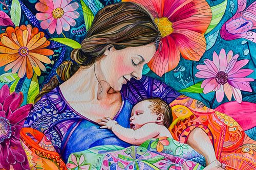 Digitaal abstract schilderachtig portret fictieve vrouw en kind