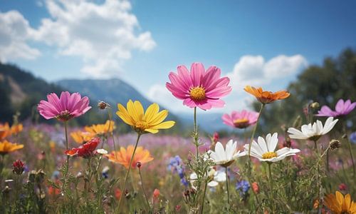 Ein Blumenfeld mit einem blauen Himmel im Hintergrund