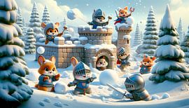 Forteresse de bataille de boules de neige dans la forêt enneigée des chevaliers