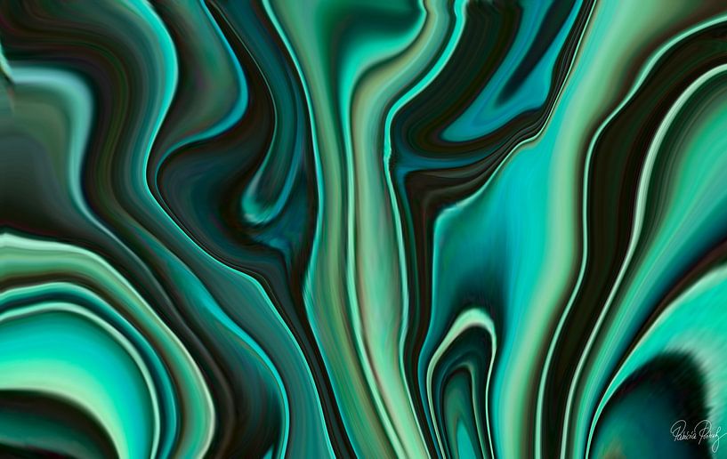 Art abstrait - Peinture fluide Turquoise et motif vert par Patricia Piotrak