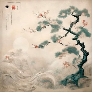 Traditioneller Bonsai-Baum mit roten Blüten und Kalligraphie