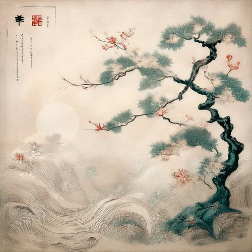 Traditioneller Bonsai-Baum mit roten Blüten und Kalligraphie
