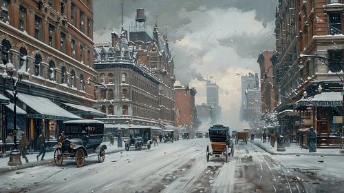 Painting of snowy street in New York city in early 20th century (KI)