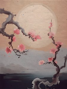 ZEN-Landschaft. Japanische Kirschblüte bei Vollmond