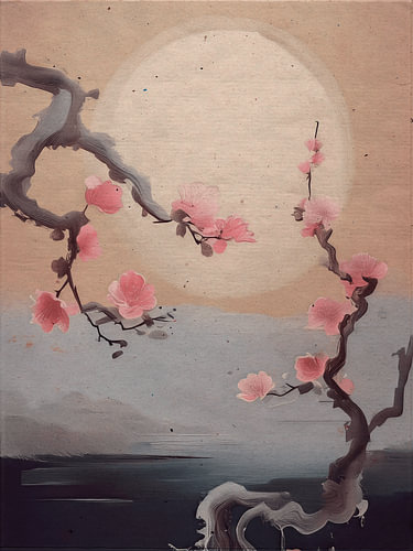 ZEN landschap. Japanse kersenbloesem bij volle maan