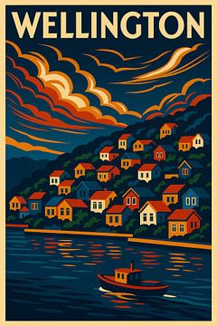 Wellington Harbour Lights - Retro-Küstenstadt Poster