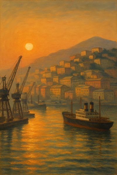 Genua Maritieme Sereniteit - De haven in gouden nevel van Travel Shop
