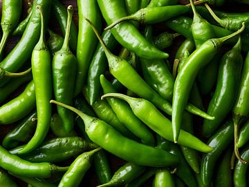 Fresh green chilli peppers in vivid close-up