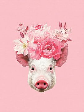 Floral Pink Pig Portrait by Mosaic Dialogue