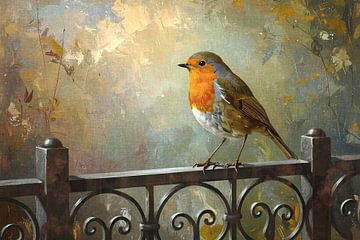 Roodborstje op stalen hek