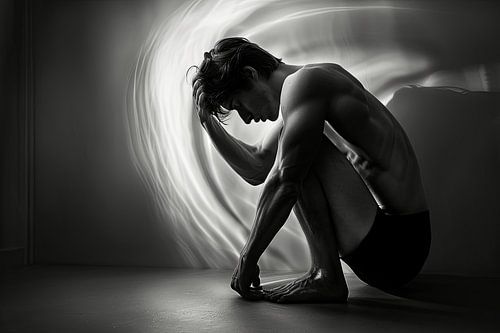 sober portret in landschap in zwartwit