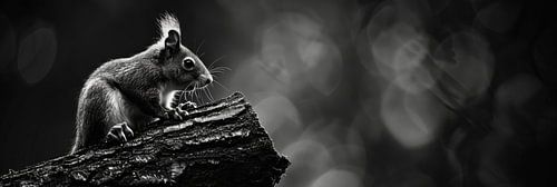 Eekhoorn op een boomstronk en donkere achtergrond