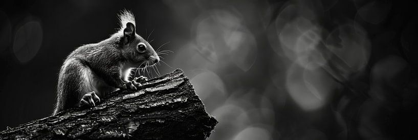 Écureuil sur une souche d'arbre et fond sombre par Digitale Schilderijen