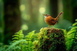 Bosvogel op boomstronk in de mist van Poster Art Shop