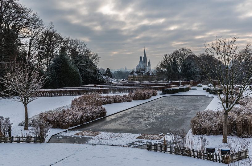 Panoramic view over the Stuyvenberg city park with frozen ponds, by Werner Lerooy