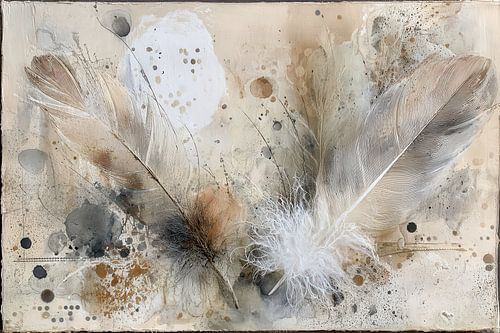 Abstract schilderij beige met veren en zandtinten