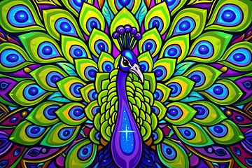 Kleurrijke pop art pauw schilderij van Art & Soul Creations