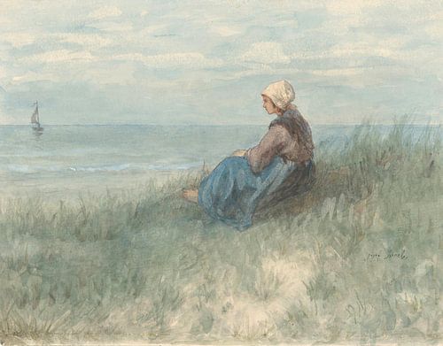 Eine Frau, die auf einer Düne sitzt und auf das Meer schaut von Jozef Israëls, 1834 - 1911