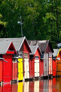 Bunte Bootshäuser, Oberbach, Neubrandenburg, Mecklenburg-Vorpommern, Deutschland, Europa