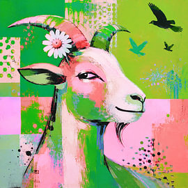 buntes Ziegen Popart Porträit mit Gänseblümchen von Claudia Gründler