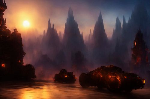 Nacht in buitenaards bergstadje, AI-gegenereerd