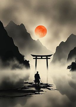 Samouraï à la porte Torii avec le soleil levant