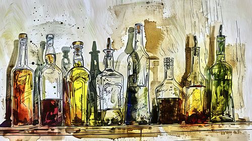 Flaschen auf Regal in lebhaften Aquarelltönen von Frank Heinz