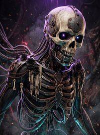 Cybernetic Skeleton Glowing Purple Eyes Dark Gothic Sci-Fi Graphic Design by Riswan Ratta