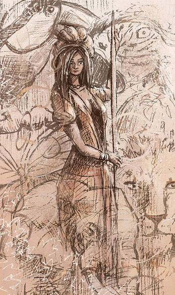 Beautiful woman with spear in Africa by Emiel de Lange