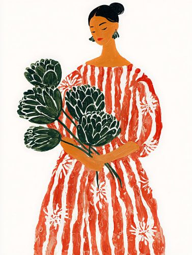 Femme en robe rouge à fleurs avec des feuilles vertes - peinture moderne pleine de chaleur et de tranquillité