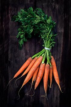 Bunch of carrots with fresh green leaves on a dark rustic wooden board, top view from above, concept