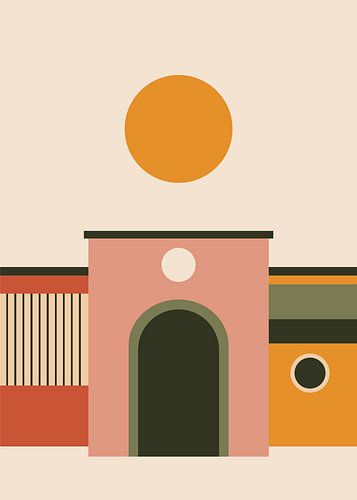 Paysages urbains géométriques abstraits mettant en scène une architecture méditerranéenne, des arches et le soleil, dans des tons chauds et terreux