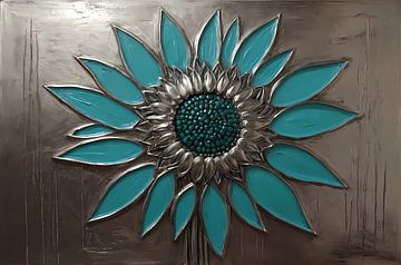 Turquoise en Zilveren Zonnebloem Kunstwerk van De Muurdecoratie