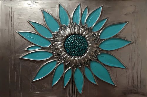 Turquoise en Zilveren Zonnebloem Kunstwerk